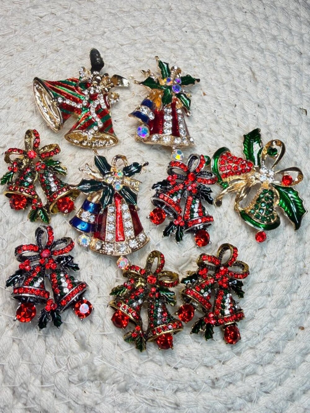 Christmas Bell Brooch Lot of 9 Rhinestone Holiday Pins Red Green Modern Jewelry
